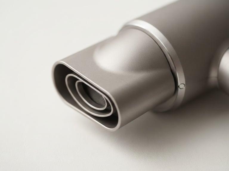 Minimalist close-up of Sumei hair dryer nozzle, metallic warm gray finish, soft natural window light, elegant shadows, 50mm lens