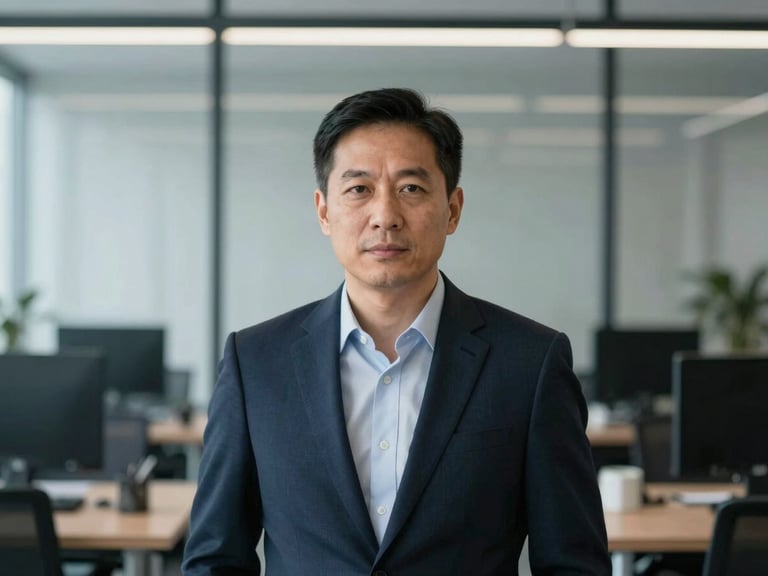 Polished, editorial portrait of a global business leader in a contemporary office setting, sharp focus, cool diffused daylight, desaturated navy and charcoal tones, off-center framing, 35mm.
