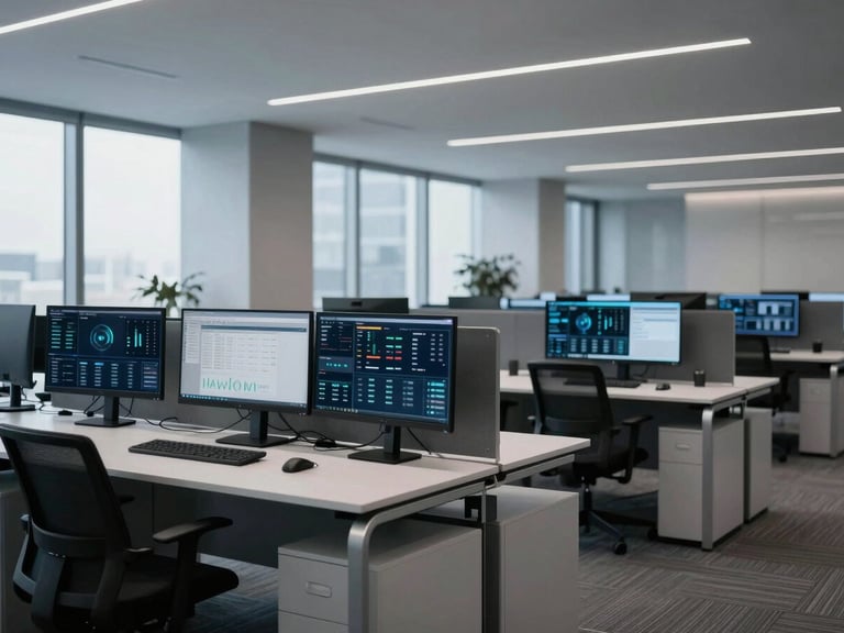 Wide shot of a modern, high-tech corporate office interior with sleek desks and large monitors displaying complex data dashboards, cool diffused daylight, desaturated navy and charcoal tones, sharp architectural focus, 35mm.