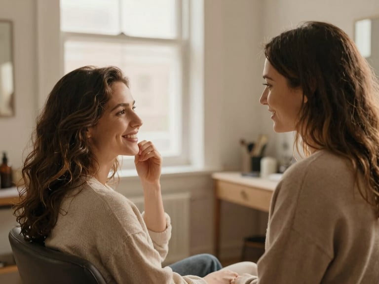 Mulher sorrindo enquanto atende uma cliente em uma cadeira de salão, ambas com expressões focadas e acolhedoras, luz suave de janela, tons quentes