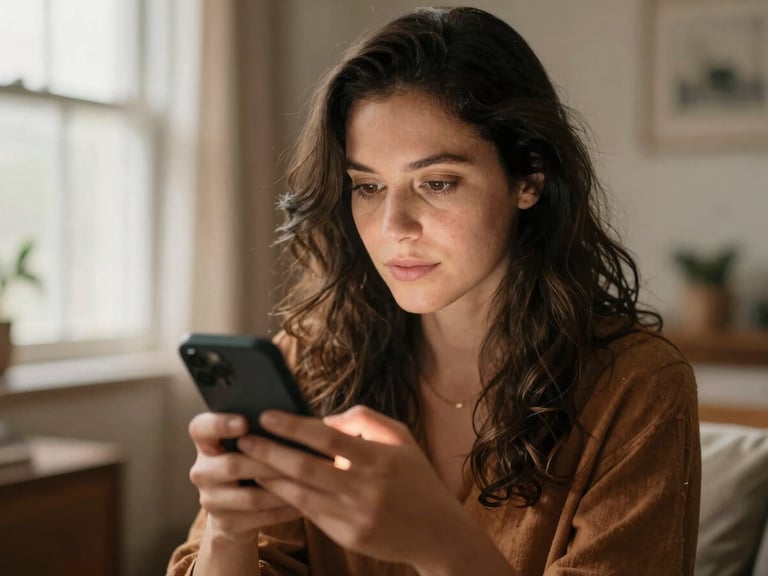 Mulher focada olhando para um smartphone, com um anel de luz suave refletindo nos olhos, em um ambiente de salão, luz natural, tons quentes