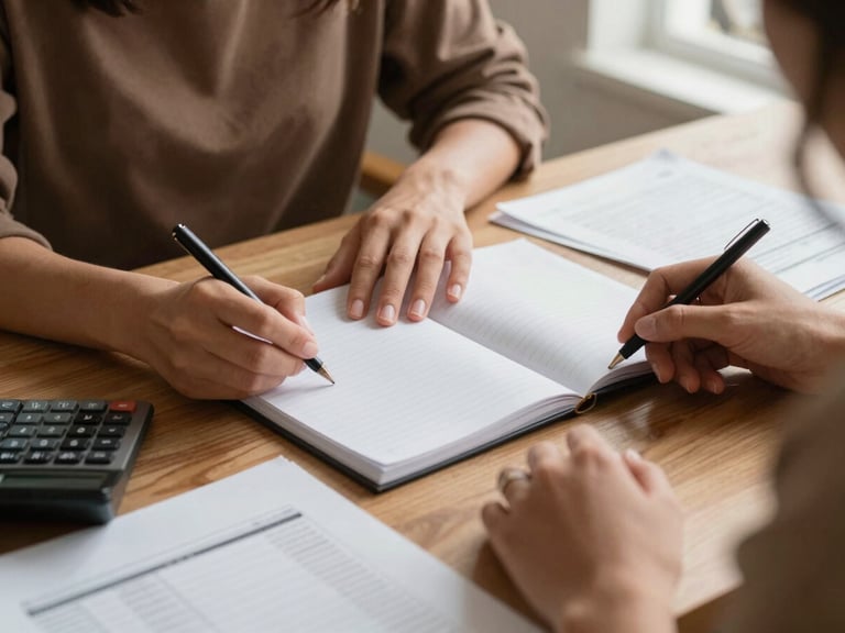 Mãos femininas trabalhando em um caderno de anotações e uma calculadora sobre uma mesa de madeira, com documentos de contabilidade ao redor, luz natural, tons terrosos