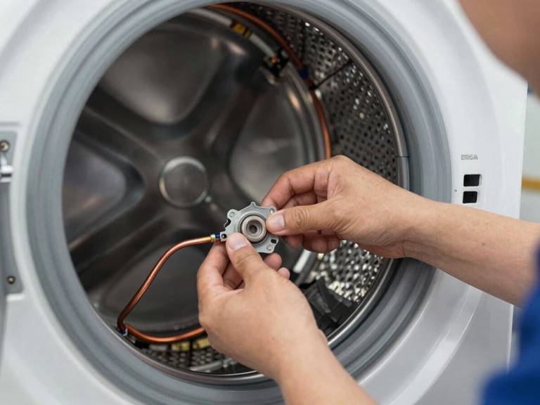 A close-up of a professional technician's hands cleanly installing a genuine replacement part inside a high-end washing machine, bright task-lighting illuminating the copper wiring and steel drum.
