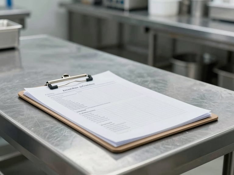 An operations clipboard with data sheets resting on a stainless steel prep table in a bright, clean commercial kitchen, fluorescent lighting, background showing blurred industrial shelves.