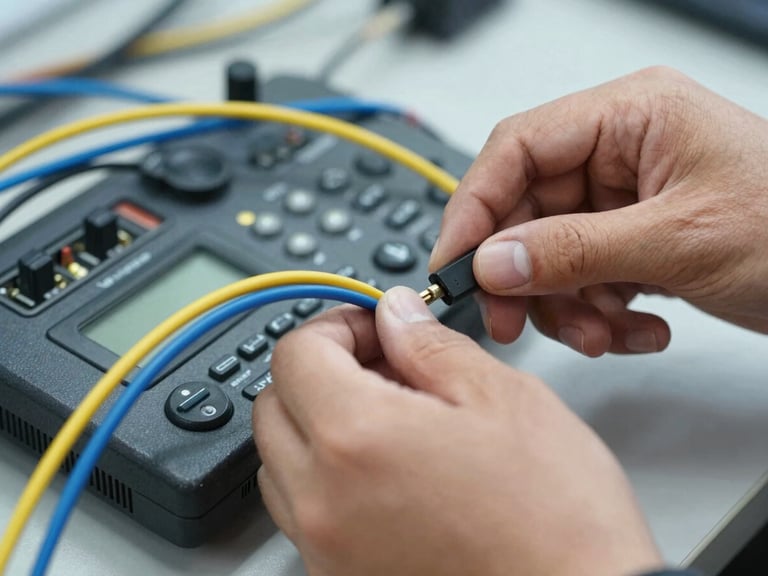 Close-up of a technician's hands connecting wires to an intercom unit, showing precise electrical work.