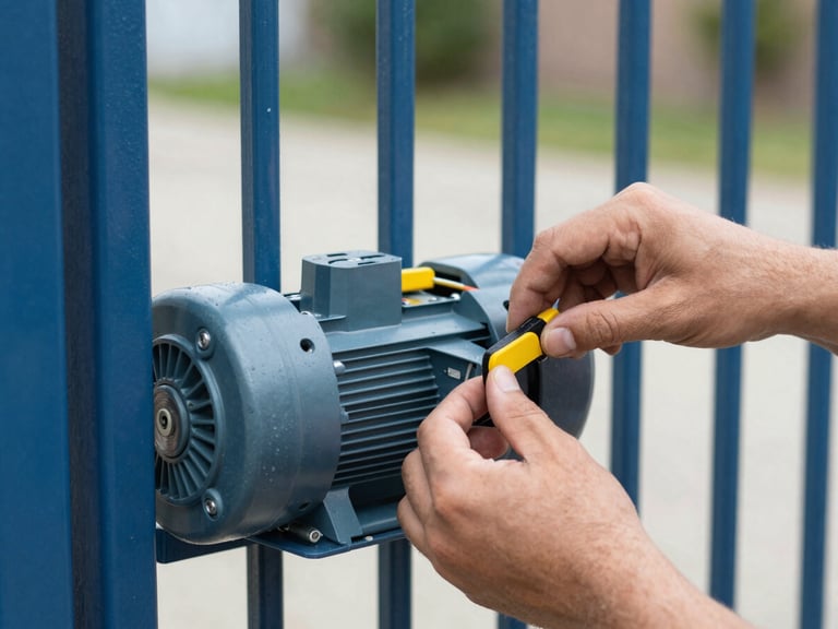 Close-up of a technician's hands adjusting the motor of an electronic gate, tools visible, natural daylight.