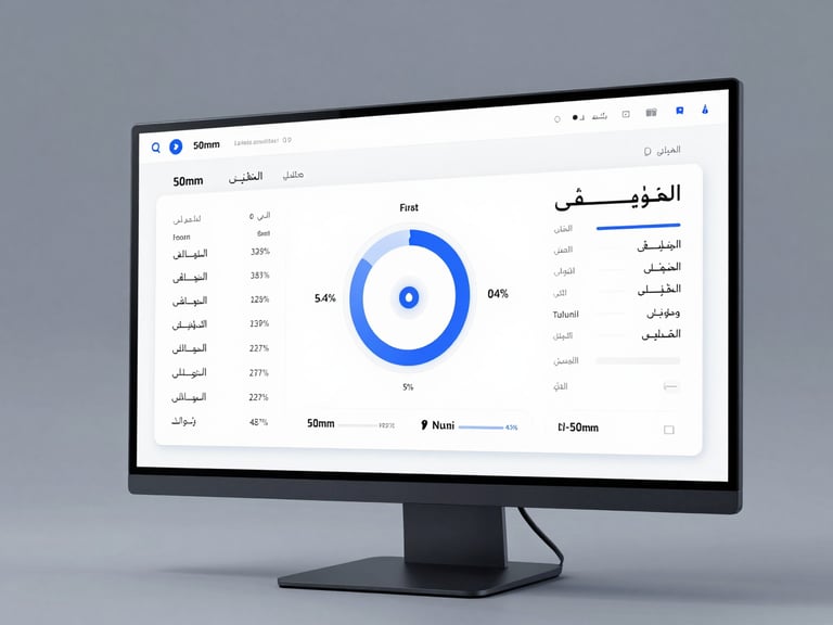 Sleek tech interface displaying Arabic-first AI analytics on a clean monitor, cool studio lighting with subtle blue accents, sharp focus, 50mm