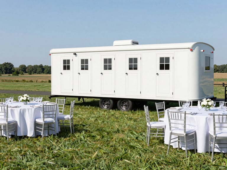 An elegant outdoor wedding reception on a manicured green lawn, with a clean luxury restroom trailer placed discreetly in the background under bright daylight