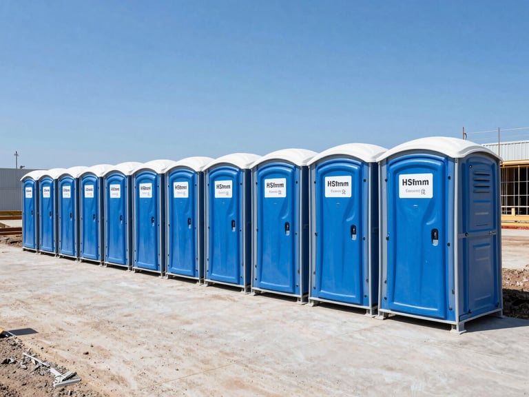 Wide shot of a clean commercial construction site with a row of spotless blue portable toilets lined up neatly against a clear blue sky, bright daylight
