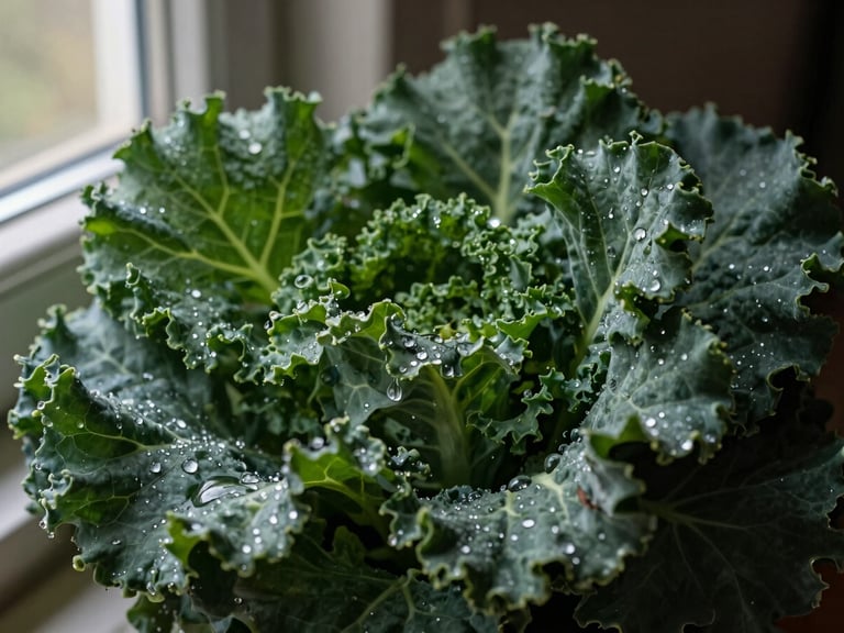 Macro shot of water droplets on freshly picked dark green kale leaves, moody shadows, soft side window lighting, 35mm
