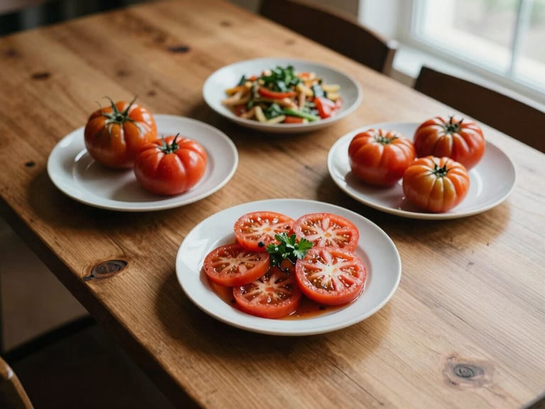 Overhead flat-lay of a rustic wooden restaurant table with plates of fresh heirloom tomato dishes, soft natural side lighting, warm tones, 35mm