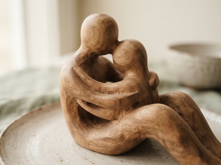 Close-up of abstract, hand-carved wooden figures intertwined, representing human connection, soft natural daylight, warm ivory and muted sage tones, shallow depth of field, Japandi aesthetic.