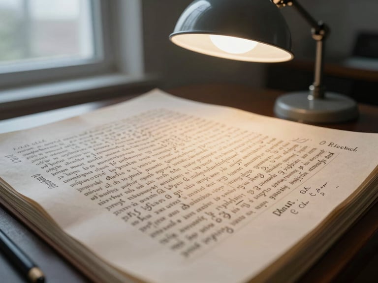 Extreme close-up of a manuscript page proof on a desk under a tungsten lamp, editorial corrections marked in pencil in the margins, handwritten reviewer notes visible, overcast window light from the left, no people