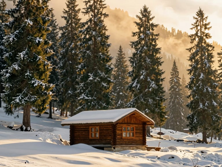 Solitary wooden cabin nestled in deep snow at Gulmarg, towering pine trees laden with snow, dramatic high-altitude golden sunlight.