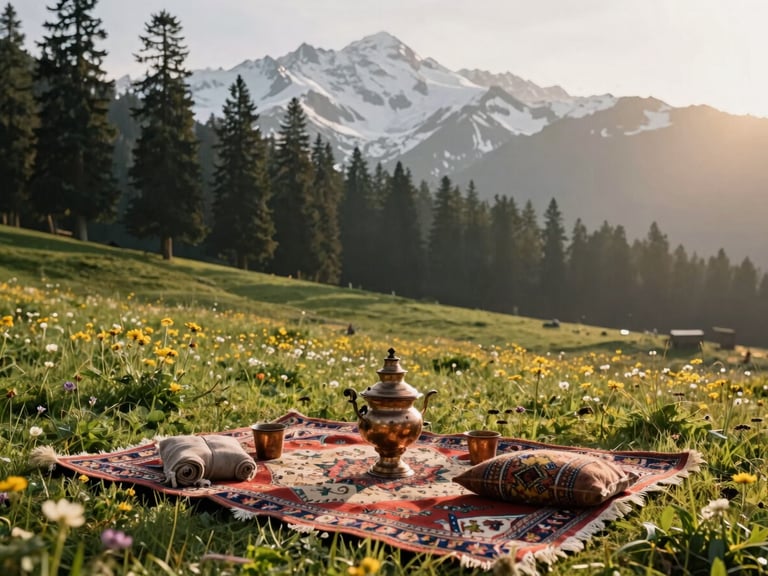 Private luxury picnic setup with hand-woven Kashmiri carpets and copper samovar in a high-altitude wildflower meadow of Gulmarg, towering pine trees and dramatic snow peaks under soft afternoon sun.