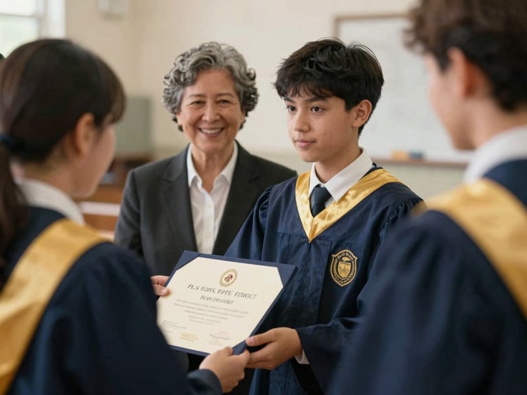 Warm vintage photograph of a student receiving a certificate from community leaders, soft natural lighting, shallow depth of field.
