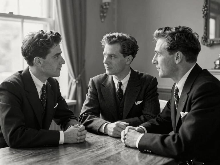Vintage black and white archival photo of fraternal members gathered around a wooden table under soft window light, warm editorial style.