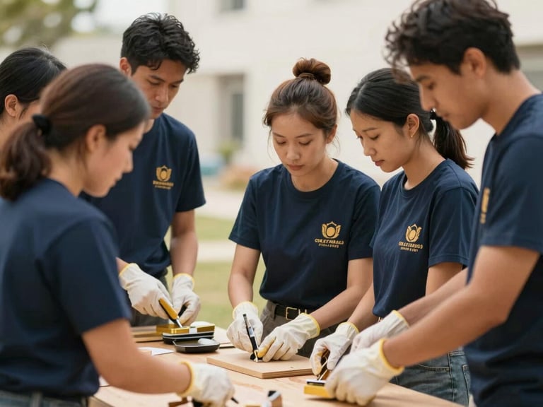 Warm editorial photograph of diverse adults collaborating on a community service project outdoors, soft daylight, navy and gold accents.