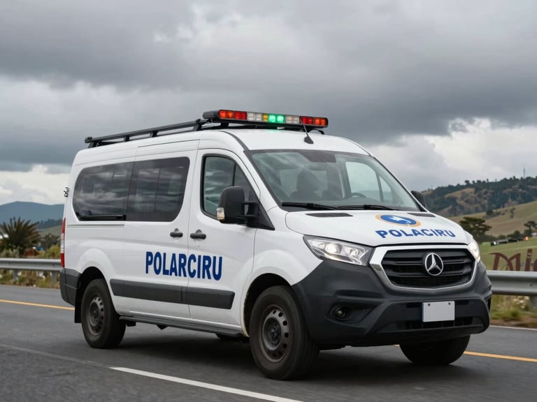 Wide cinematic shot of a modern security patrol vehicle moving along an Ecuadorian highway, overcast dramatic daylight, sharp focus on vehicle branding and green status light.