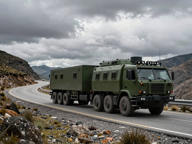Wide panoramic view of an armored escort vehicle trailing a large cargo truck on a winding Andean highway under dramatic overcast daylight, high contrast, green ambient light details.