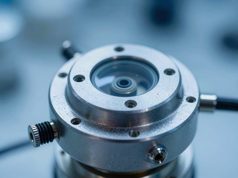 Macro technical photograph of a ruggedized radiation monitoring sensor assembly, cool blue laboratory lighting, metallic reflections, depth of field.