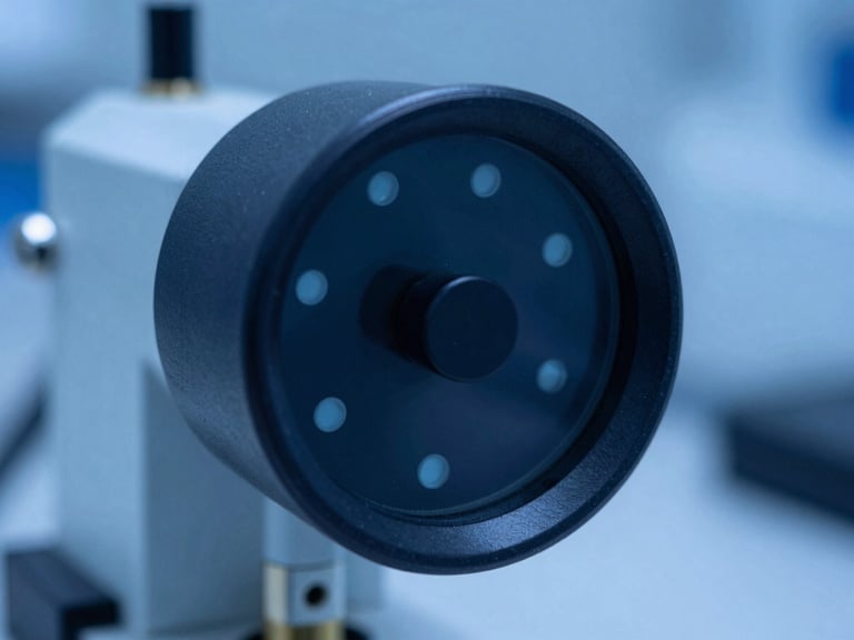 Close-up of radiation monitoring sensor in a clean laboratory environment, cool blue tones, macro depth of field