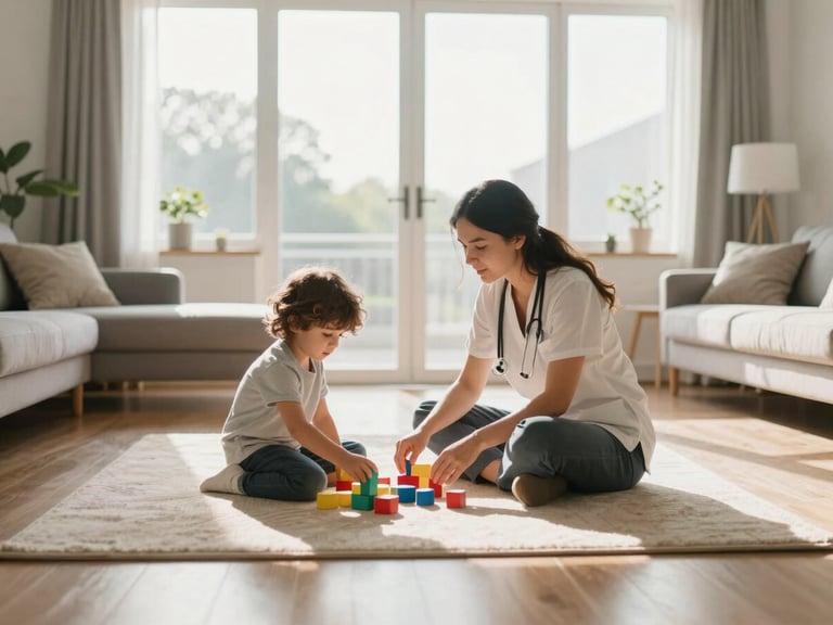 Wide angle of a bright living room, a therapist sitting cross-legged on the floor with a child arranging colored blocks, late afternoon window light casting soft shadows, natural and unhurried