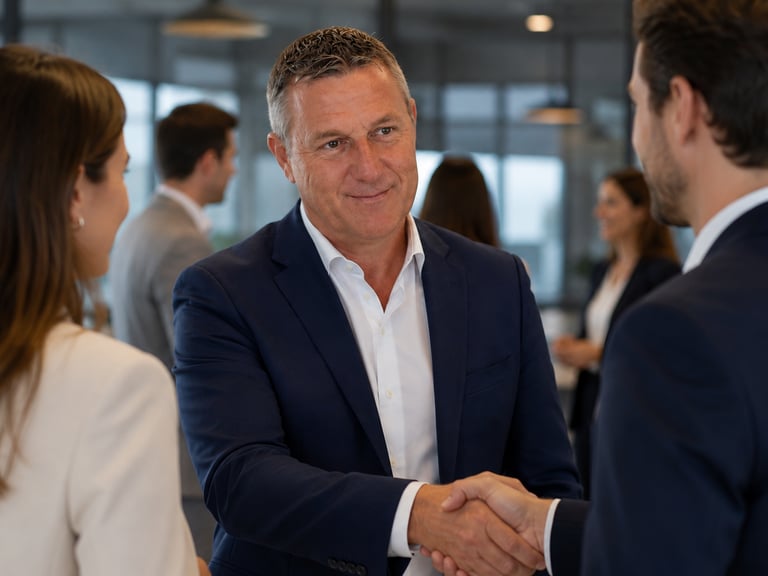 Professional businessman in a suit shaking hands with a colleague at a networking event in a modern office.
