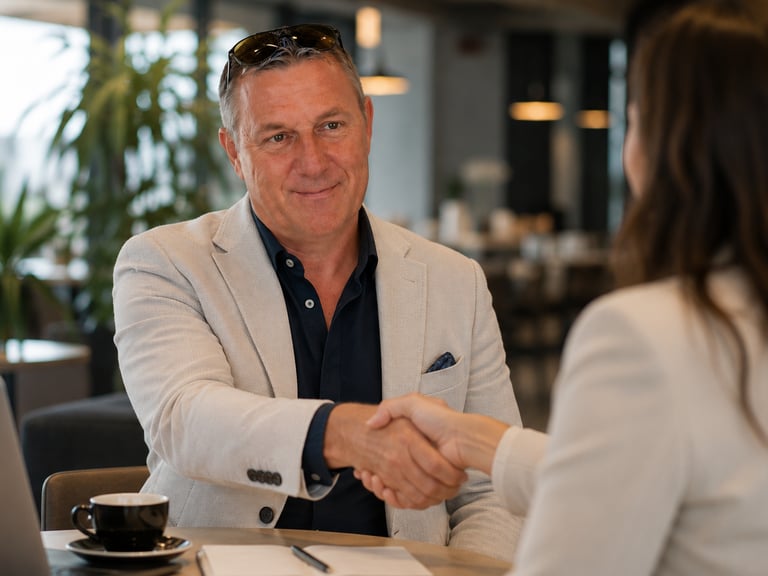 Professional businessman in a light blazer shaking hands with a client during a business meeting.