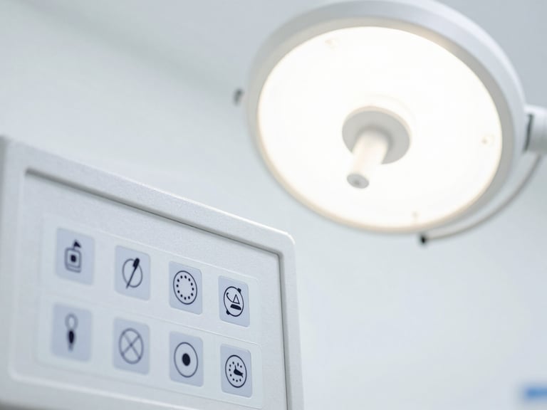 Close-up of a medical device control panel with regulatory certification labels, bright clinical light, crisp white backdrop.
