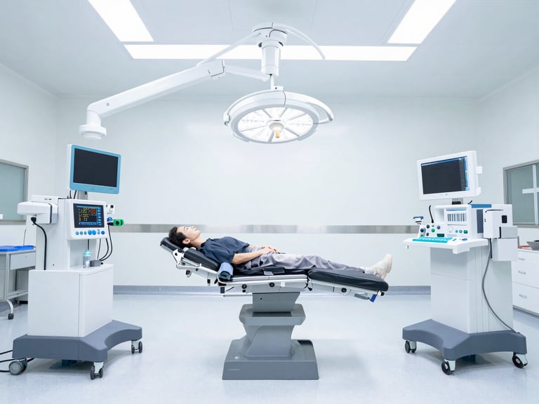 Wide shot of a modern operating room with advanced surgical equipment, clean clinical environment, cool-toned window light.