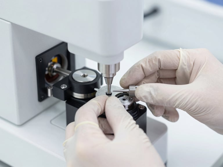 Macro shot of a biomedical engineer's hands in sterile gloves calibrating a complex medical machinery component, focused on precision tools.