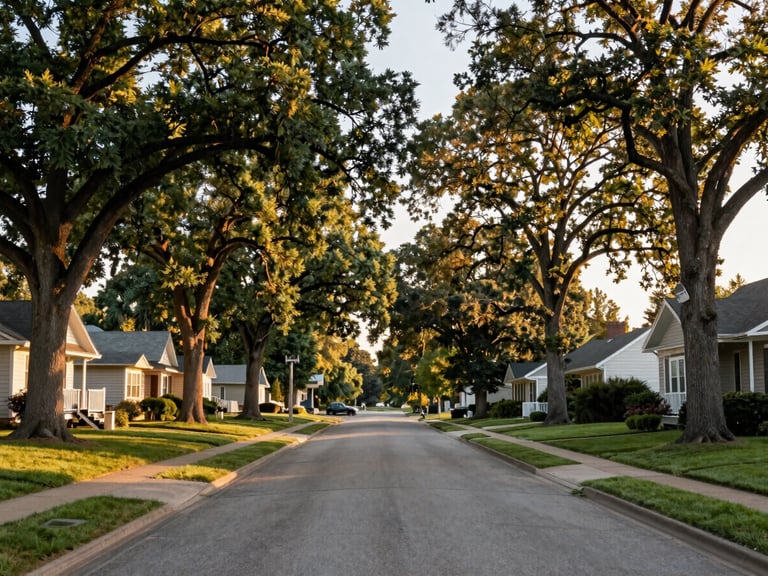 Wide environmental shot of Arden Hills residential streets during golden hour, mature oak trees framing quiet suburban homes