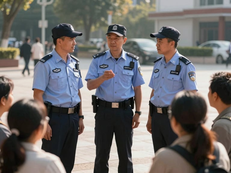 Medium shot of security workers in clean uniforms talking with community members in a sunlit public square, warm natural light, high-contrast shadows.