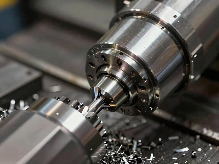Macro detail shot of a multi-axis CNC spindle carving a heavy steel billet, cool-toned industrial lighting, metal shavings visible, sharp focus on tool path.