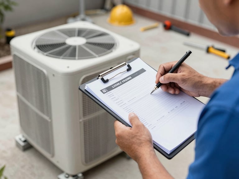 Close-up of a contractor's hands reviewing paperwork on a clipboard beside an HVAC unit on a concrete pad, natural daylight, visible job-site environment, tools and equipment in background