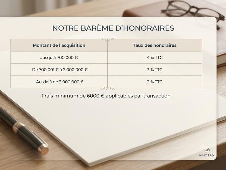 Tableau du barème d'honoraires de SerenFind & Install : jusqu'à 700 000 € (4 % TTC), de 700 001 € à