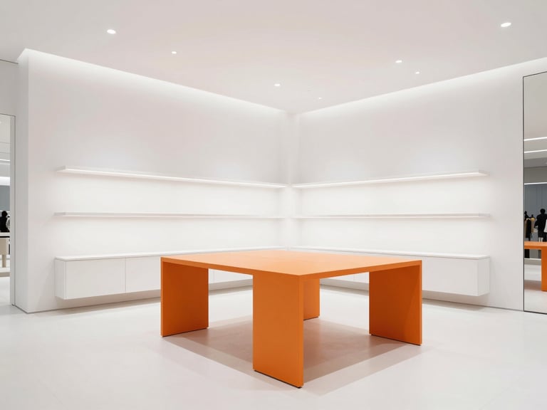 Brightly lit modern flagship store interior, high-key architectural photography, custom modular display tables with safety-orange accents, clean white walls, sharp focus