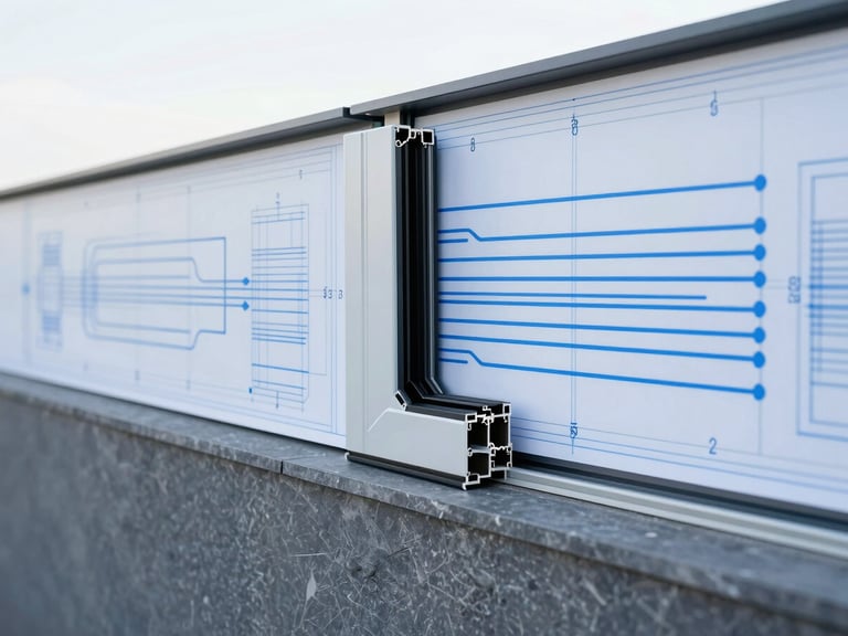Detailed cross-section diagram of double-glazing and insulated wall showing thermal flow, technical blueprint style, clean blue lines