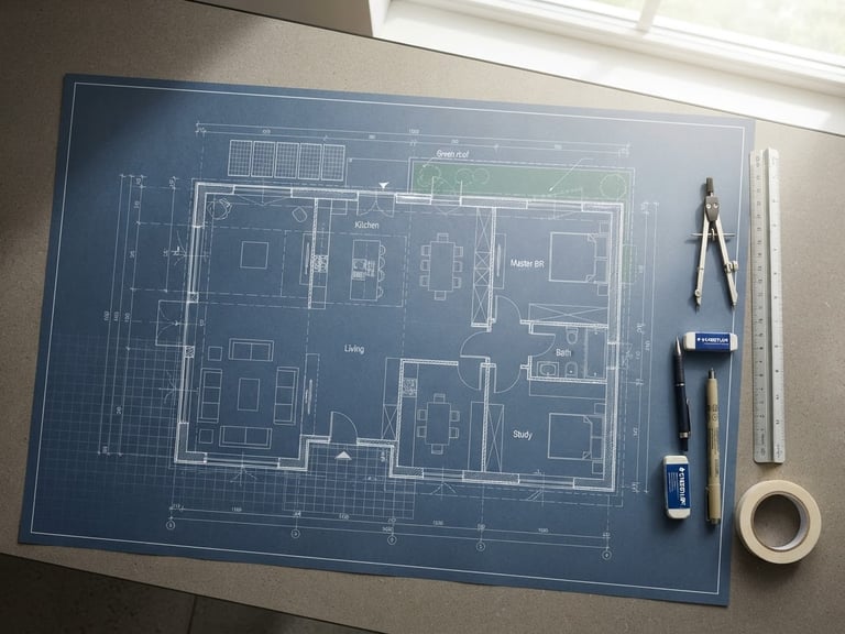 Architectural blueprint of a modern energy-efficient house layout, technical drafting tools on the side, bright natural daylight, clean composition