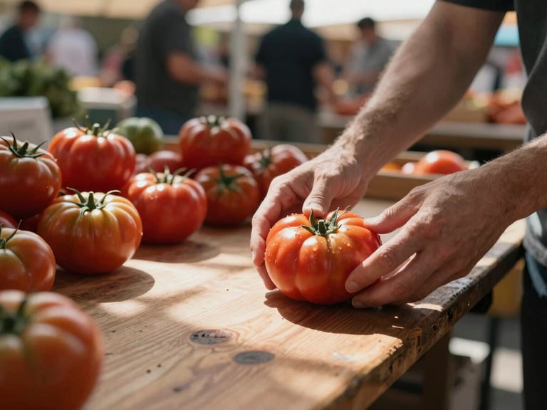 Tactile close-up landscape shot of a wooden table at an outdoor market, hands placing a crate of heirloom tomatoes under dappled morning sunlight, soft-focus crowds in the background.