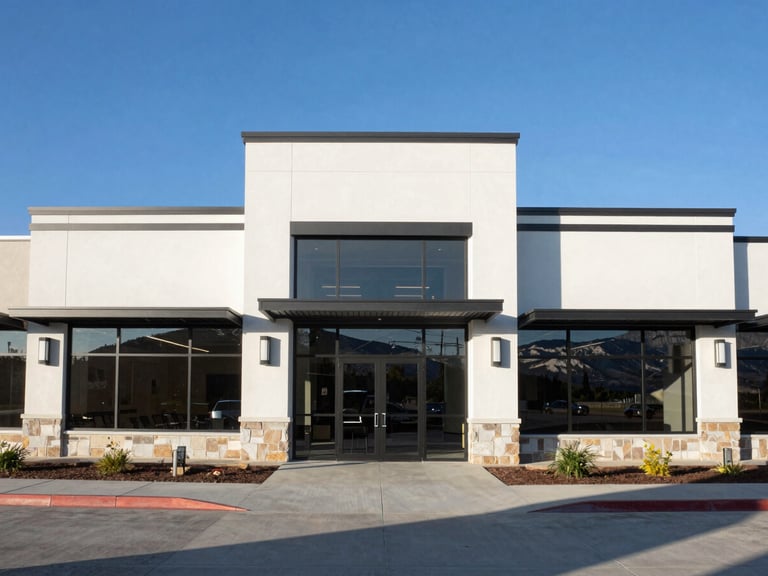 Symmetrical eye-level architectural shot of a modern commercial facility in Mountain Green, Utah, featuring clean concrete pathways, crisp afternoon sun, and clear blue sky.
