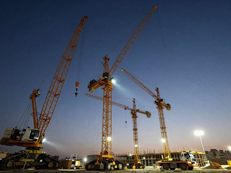 Low-angle dramatic industrial shot of massive crawler cranes and heavy transport rigs positioned on a Cairo construction site at dusk, high contrast, active headlights casting sharp beams