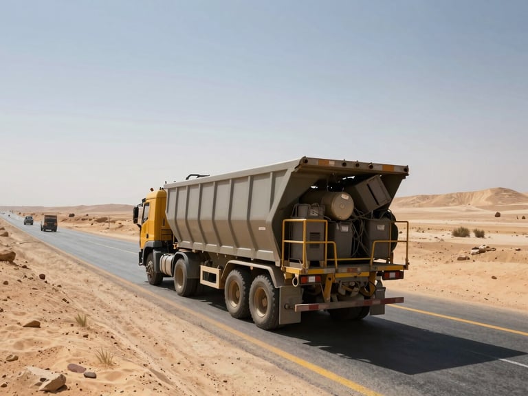 Wide-angle environmental shot of an industrial escort convoy guiding a massive transport load through a desert highway in Egypt, harsh direct sunlight, high contrast.