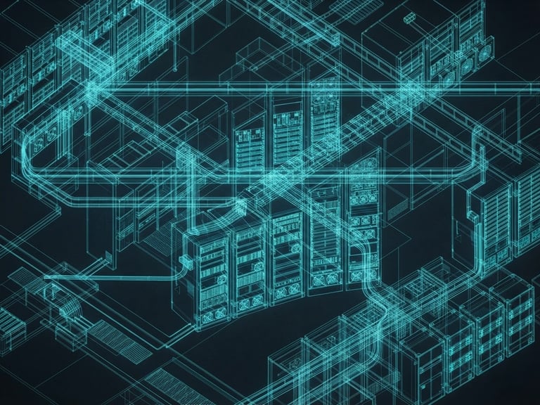Orthographic wireframe of a secure server node array, glowing neon cyan lines on a deep slate background, low-light tactical environment.