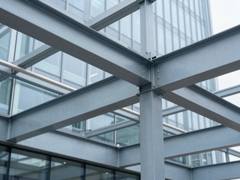 Abstract close-up of structural steel beams and glass panels in a modern corporate park, crisp clean architectural lighting, 35mm