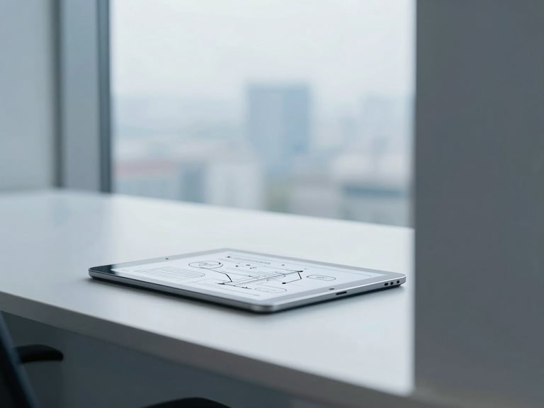 Structured workspace with clean lines, a technical diagram visible on a tablet, soft diffused overcast daylight, cool corporate tones