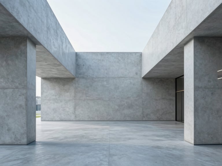 Wide environmental shot of a minimalist concrete corporate lobby with clean lines, soft diffused daylight