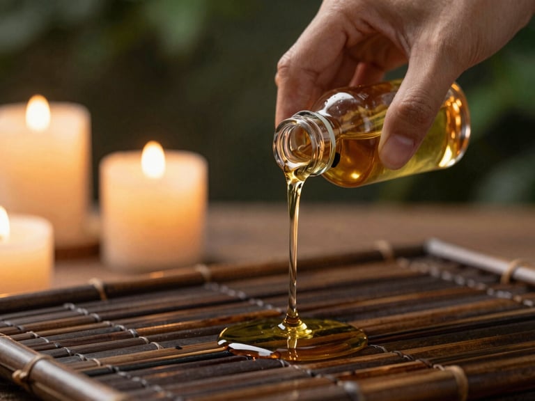 Hands pouring warm herbal oils onto a dark bamboo surface, soft candlelight, shallow depth of field, warm editorial photography