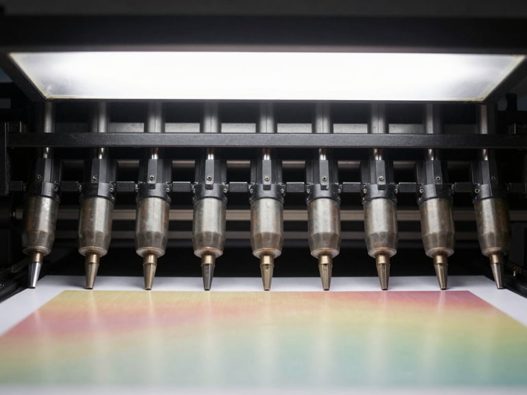Extreme close-up of a wide-format print-head array mid-run, studio strobe lighting from directly above, individual ink nozzles in sharp focus with a substrate sample visible beneath, technical and precise framing